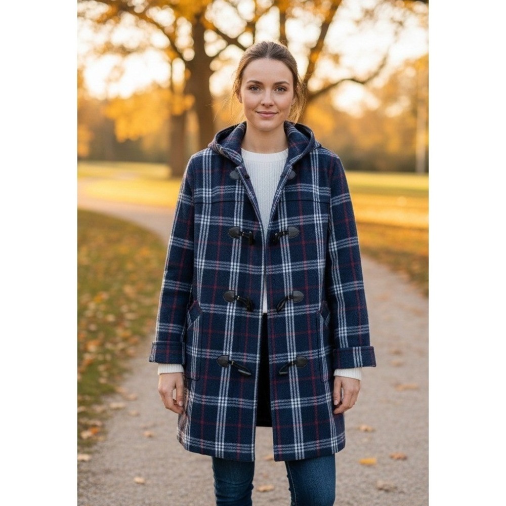 Jessica London Women's Plaid Wool Blend Duffle Coat‎ Toggle 20W Navy Red NWOT